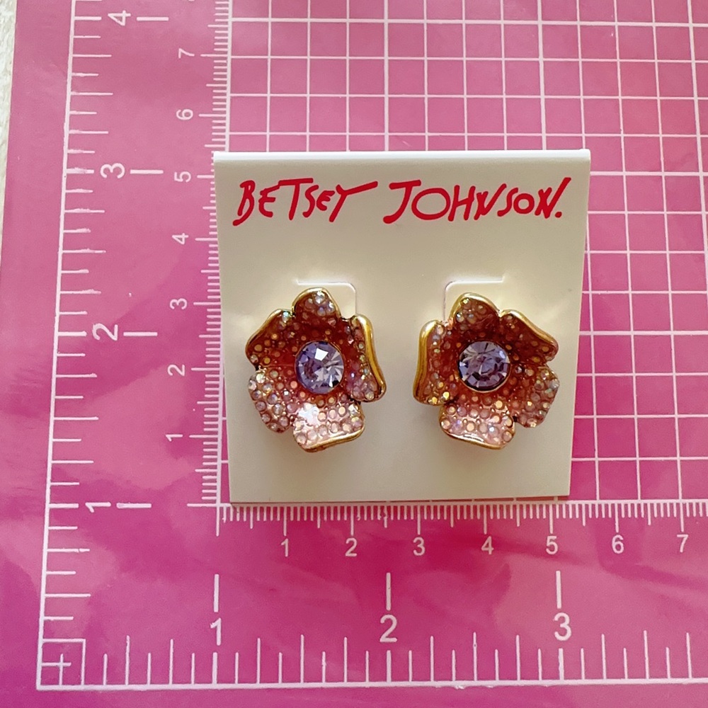 Betsey Johnson earrings pink purple diamonds paved flower - Picture 4 of 5
